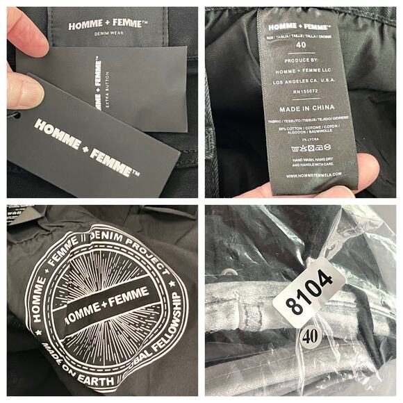 Homme + Femme NEW Skinny Distressed Jeans Mens Sz 40 Black White Logo Stripes - Picture 9 of 9